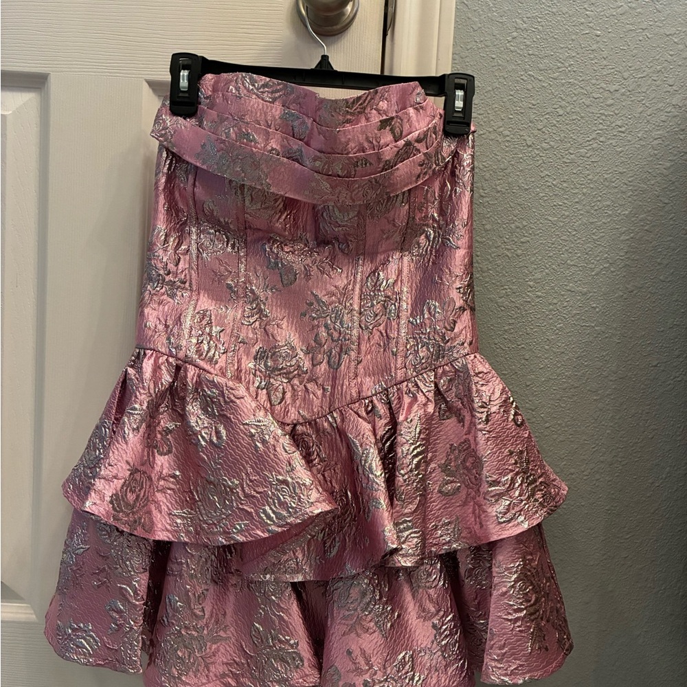 Strapless Pink Floral Jacquard Tiered Mini Dress - Picture 2 of 3